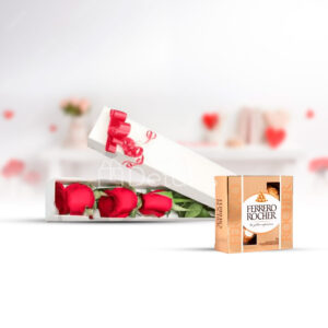 Hermosa caja de3 rosas con chocolate Ferrero Rocher