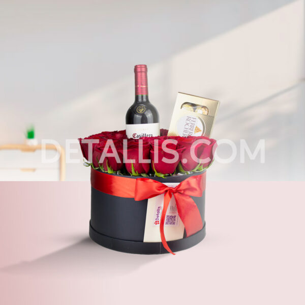 Caja de rosas con vino y chocolate ferrero rocher